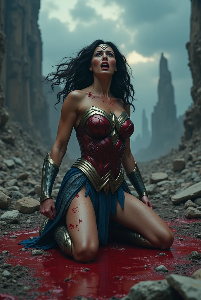 Wonder Woman on her knees screaming on an apocalyptic planet blood around her strong bloody images 