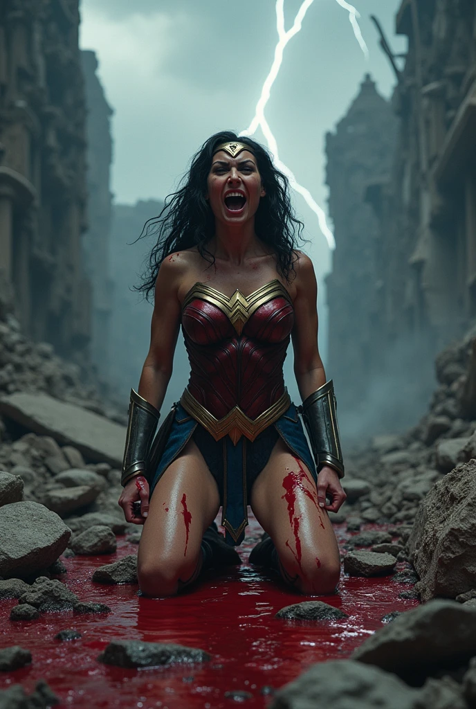 Wonder Woman on her knees screaming on an apocalyptic planet blood around her strong bloody images 