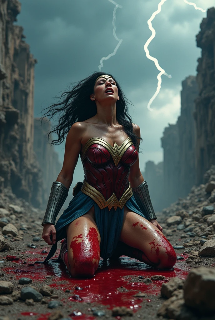 Wonder Woman on her knees screaming on an apocalyptic planet blood around her strong bloody images