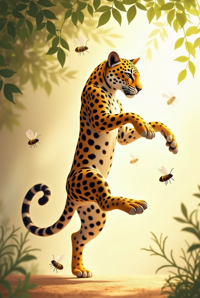 Generates an image of a jaguar dancing ballet, while some bees comb it. The jaguar must have a slender head of hair.