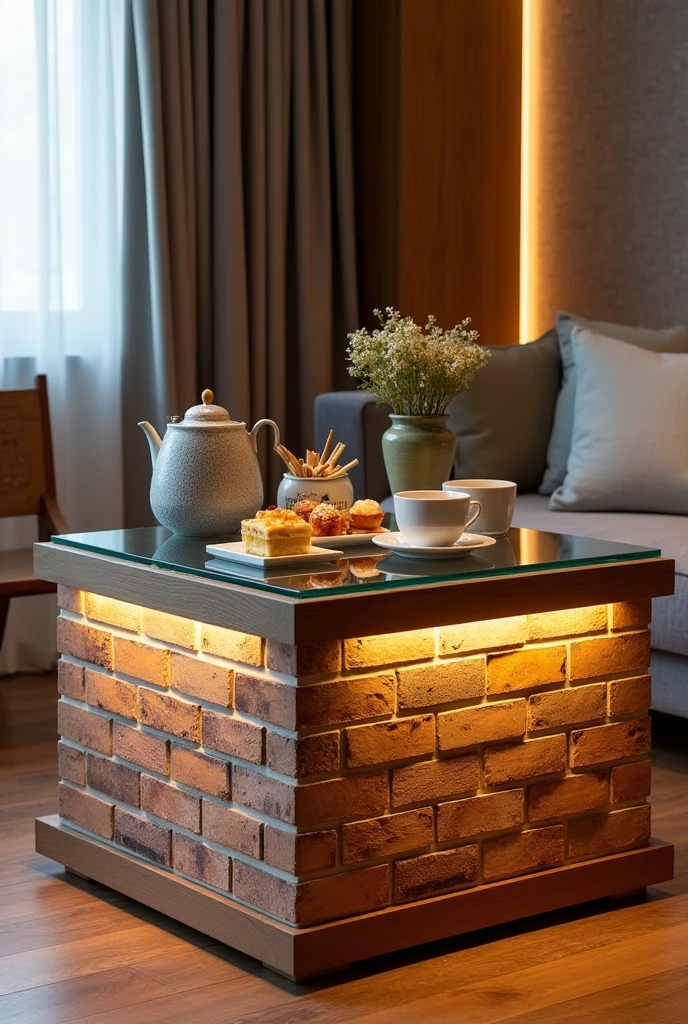 A square hospitality table, handcrafted to be a stylish centerpiece in the guest lounge.. The table top is made of clear glass, adding a touch of sophistication and simply showcasing what is placed on it.. The sides are made of MDF wood clad with textured wallpaper that resembles brick, giving the table a modern and economical feel..
Equipped with soft interior lighting using a warm LED strip, it spreads a soft and beautiful glow throughout the room.. The table is adorned with a stylish teapot and some light breakfast treats, enhancing the hospitality atmosphere and adding a warm and welcoming touch.