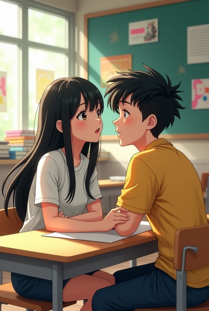 A girl with long black hair is sitting in class preparing for a lesson. Beside her is a strong boy with black hair, trying to smell the girl's hair. The girl is wearing a white shirt and the boy is wearing a yellow shirt. Anime 3D.