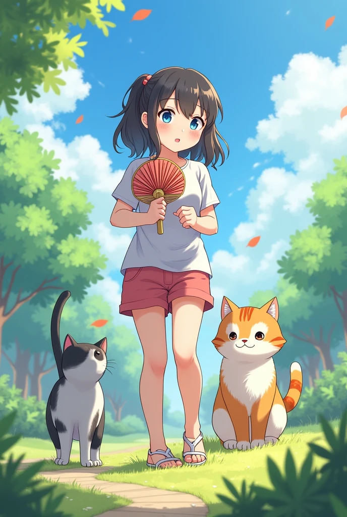 Highest quality、High resolution、Detailed Background、(Beautiful face in every detail:1.4)、Anatomically correct、10-year-old anime girls、(Normal number of fingers:1.2)、Highly detailed face、Detailed eyes、(Huge breasts:1.2)、Perfect body line、Bobcut、ponytail、Hot summer day、cute仕草、
(a girl playing with a cat in the garden is fanning herself with a fan to cool off:1.5)、
wind chimes、Sweaty cheeks、Blue sky、Fanning with a fan、Summer Light、The cat's fur、Summer scene、the scenery of everyday life in summer、cute