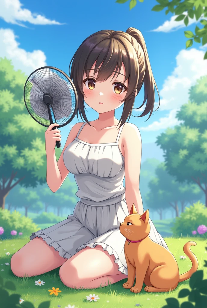 Highest quality、High resolution、Detailed Background、(Beautiful face in every detail:1.4)、Anatomically correct、-yeld an girls、(Normal number of fingers:1.2)、Highly detailed face、Detailed eyes、(Huge breasts:1.2)、Perfect body line、Bobcut、ponytail、Hot summer day、cute仕草、
(a girl playing with a cat in the garden is fanning herself with a fan to cool off:1.5)、
wind chimes、Sweaty cheeks、Blue sky、Fanning with a fan、Summer Light、The cat's fur、Summer scene、the scenery of everyday life in summer、cute