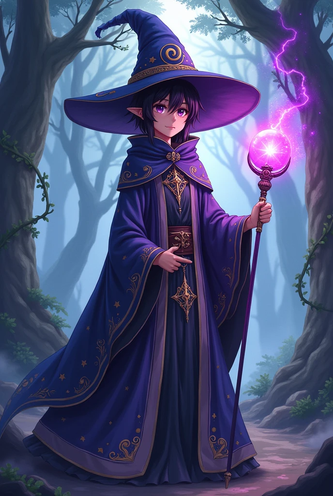 An image of a wizard-style anime character with a very large hat holding a purple staff