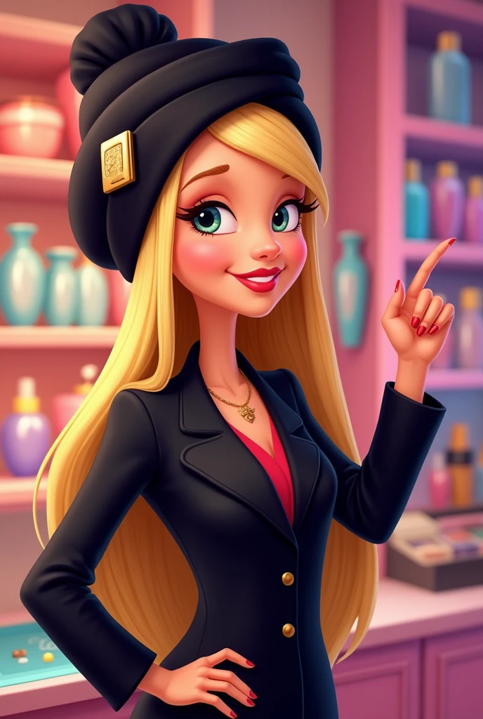 Make a beauty professional with a black lab coat, black turban, rectangular brooch, Round face, chubby, mature woman, long straight blonde hair, Disney style drawing, with right hand pointing to the side