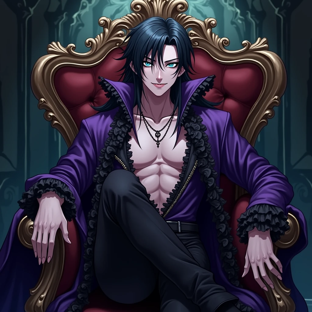 A sexy young male, black, long hair, teal blue eyes. Gothic clothes. (Male) (no facial or body hair)) masterpiece, best quality, ultra-detailed, best shadow), (detailed background) (purple and black) pretty handsome. Sexy Cute. No facial hair. No body hair. Wink. Seductive. Sexy. Pale and white skin. Smirking. Anime style. Blood. Vampire. Sexy. Death note style. Pink lips. SENSUAL. Purple and black gothic frilly clothes. Long lashes. Sexy pose. Crossing legs. Love. Shiny. Vampire Prince. Sitting on his throne and crossing legs sexily. Bottom angle. Seductive. Male. Bottom angle. Shiny.