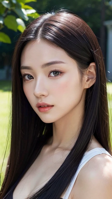 （（Surreal、Super detailed image, maybe a photo.，Captures the details of the skin texture of an incredibly beautiful woman.））long straight black hair。outdoors. Summer