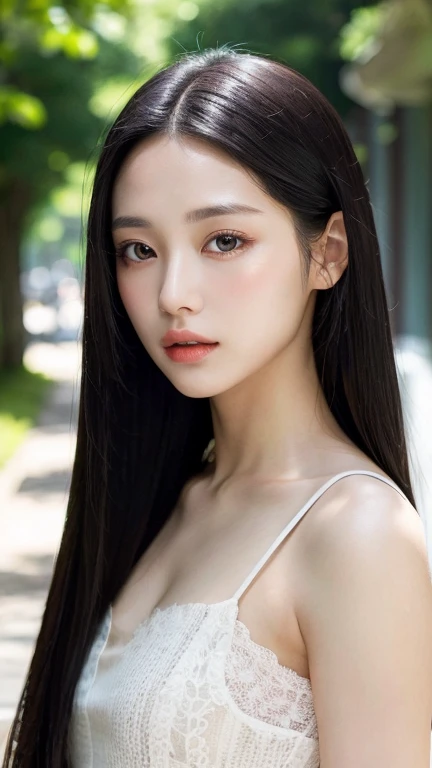 ((Surreal、Super detailed image, maybe a photo.,Captures the details of the skin texture of an incredibly beautiful woman.))long straight black hair。outdoors. Summer