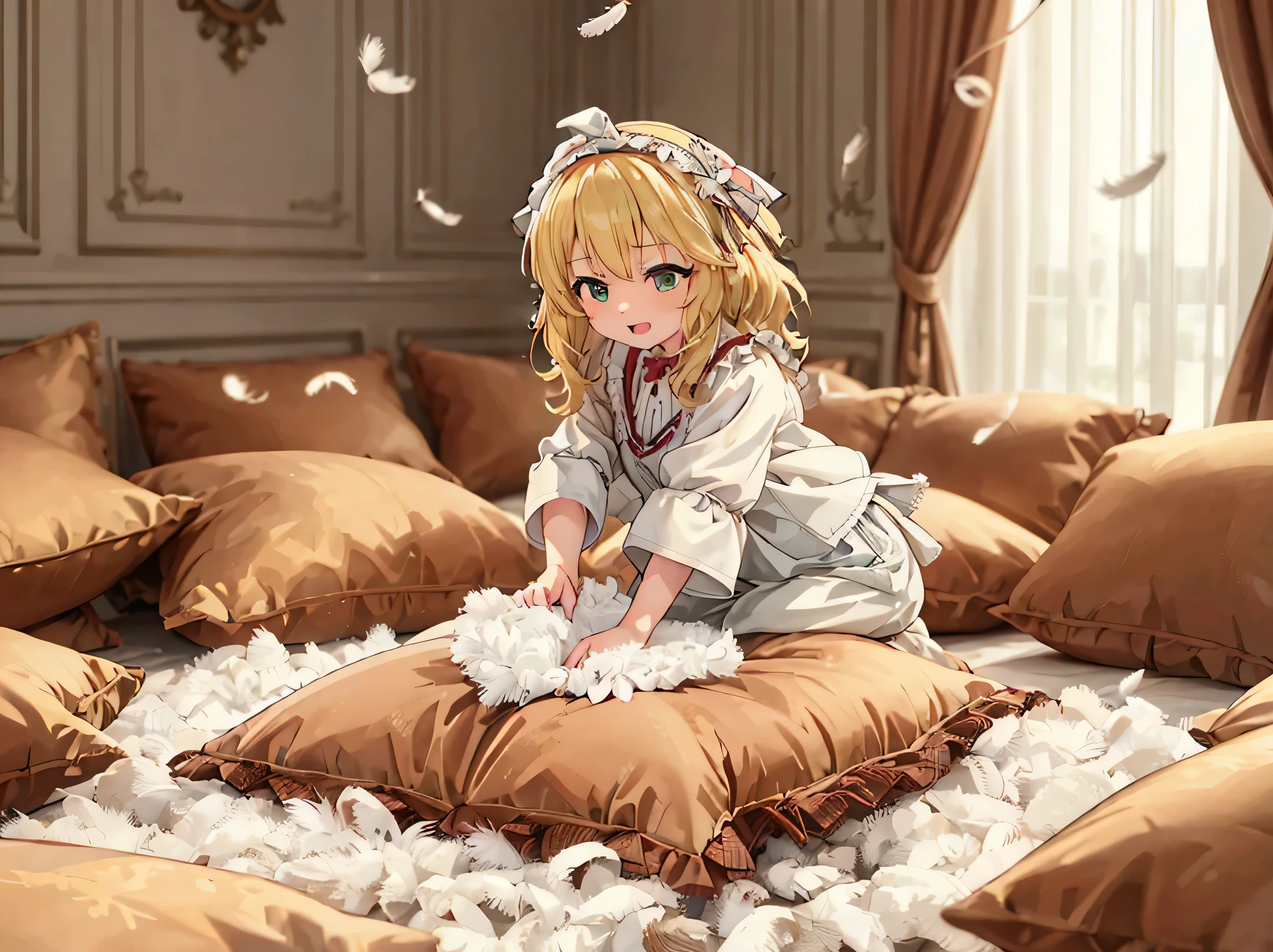 (best quality， masterpiece) , details, (Light and shadow oxtail) , Cute girl posing on pillow ，Pillow, Upholstered，Soft pillow，（Pillow），The love surrounding the protagonist，steam，(Luxury Pillow），（Gorgeous pattern pillow），luxurious pillow, standing,（Love around the protagonist），（pillow）, frilled pillow   , 1 pillow, standing on a top of pillow, on pillow, big pillow, fluffy pillow, pillow damage, stomping pillow, stomping, pillow on floor, stepping on pillow, posing on top pillow, full body, pillow on floor, (((feathers))), pillow destroy, ripping pillow, tearing pillow in half, feathers everywhere, cotton, stuffing pillow, sakurai_momoka_theidolmastercinderellagirlsu149, blonde_hair, hairband, short_hair, green_eyes, bangs, upper_body, smile, bow, open_mouth, wavy_hair