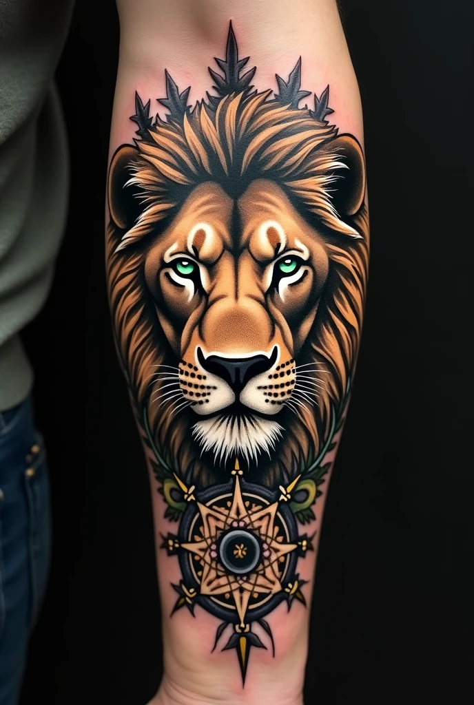 A tattoo closing the arm courage, faith, determination, Production Engineering, Lion or Phoenix or Owl project planner
I want a masculine tattoo , with fewer dark tones and the green eye closing the arm I want more symbols with realistic details
