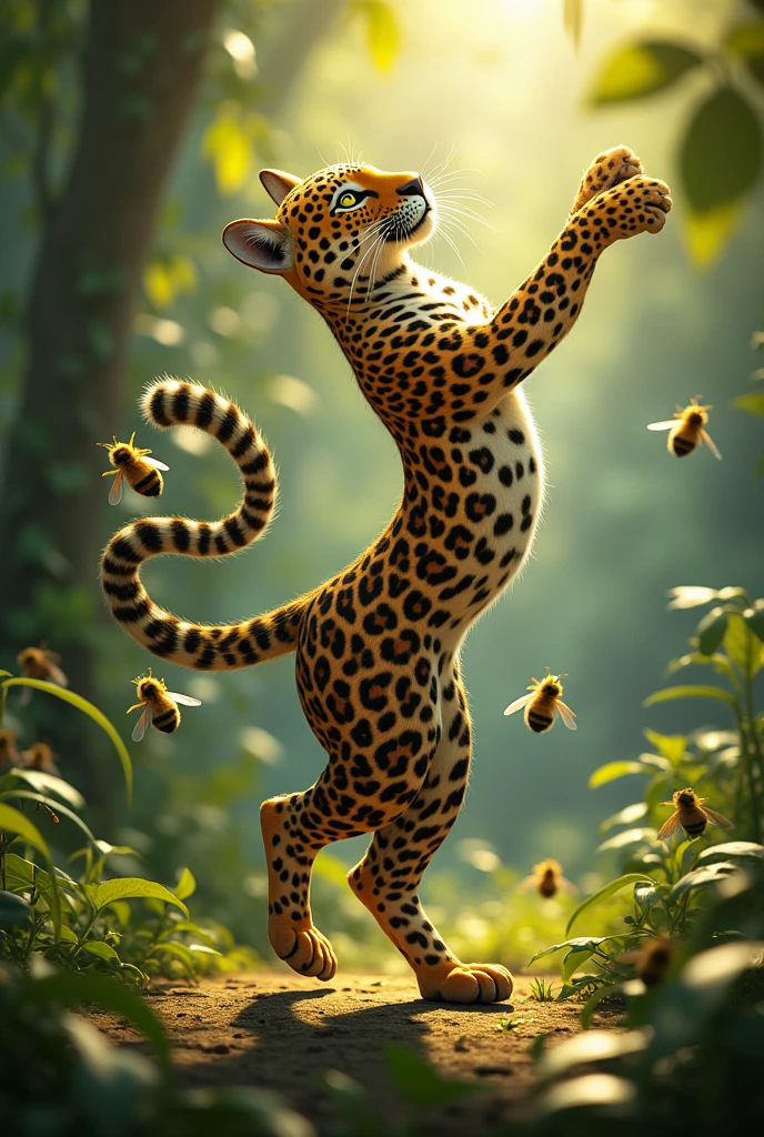 Generates an image of a jaguar dancing ballet, while some bees comb it. The jaguar must have a slender head of hair.