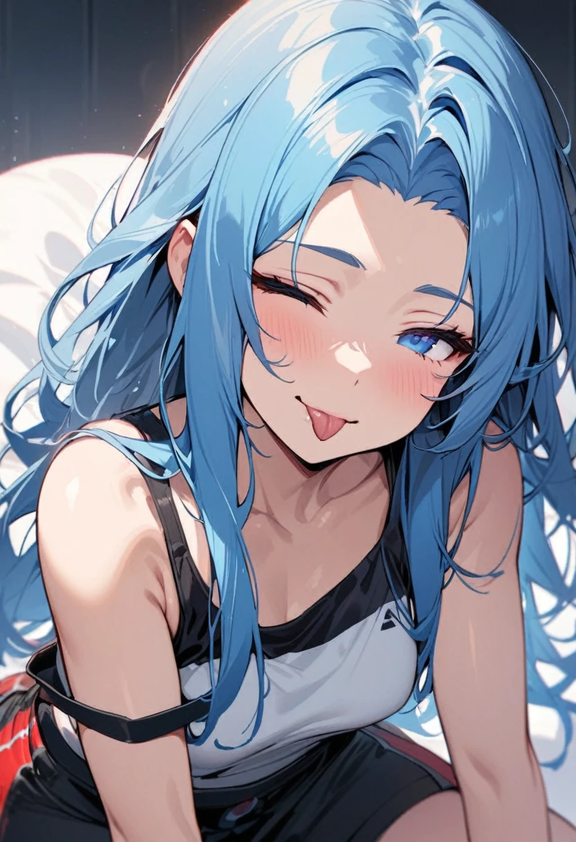 (solo:2, 15 yo), (immensely beautiful girl) (detailed forehead) (beautiful blue hair long hair) (immensely cute blue eye and sexy closed eye) (beautiful smile) (glossy lip, Stick tongue out) (small tits), in a detailed off shoulder tank top, hot pants), break, background white, BREAK, perfect anatomy, masterpiece, best quality, beautiful detailed 8-bit pixel, daydreaming expression.