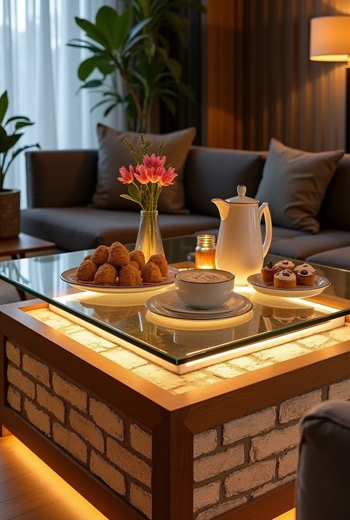 A square hospitality table, handcrafted to be a stylish centerpiece in the guest lounge.. The table top is made of clear glass, adding a touch of sophistication and simply showcasing what is placed on it.. The sides are made of MDF wood clad with textured wallpaper that resembles brick, giving the table a modern and economical feel..

Equipped with soft interior lighting using a warm LED strip, it spreads a soft and beautiful glow throughout the room.. The table is adorned with a stylish teapot and some light breakfast treats, enhancing the hospitality atmosphere and adding a warm and welcoming touch.