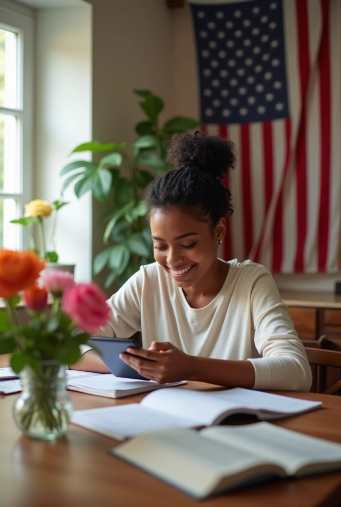 generate an image of a real woman using the mobile app learning English, and a US flag in the background