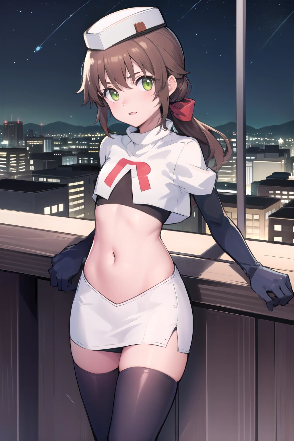 best quality, (masterpiece:1.2), illustration, absurdres,
(1girl), (solo), (beautiful detailed girl),
Towa Herschel, brown hair, ponytail, hair ribbon, green eyes, , small, short, flat chest, small breasts,
white hat, headwear,
team rocket,team rocket uniform,white skirt,red letter R,crop top,black thigh-highs,black elbow gloves,
looking at viewer, 
night, on balcony, city lights, starry sky, overlooking city,