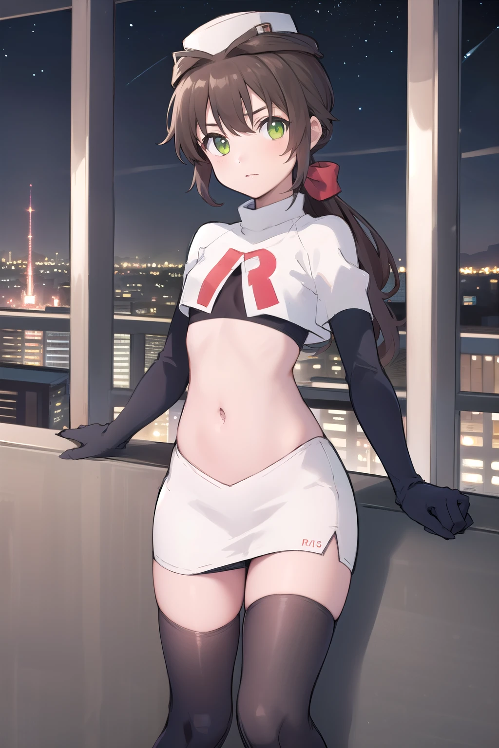 best quality, (masterpiece:1.2), illustration, absurdres,
(1girl), (solo), (beautiful detailed girl),
Towa Herschel, brown hair, ponytail, hair ribbon, green eyes, , small, short, flat chest, small breasts,
white hat, headwear,
team rocket,team rocket uniform,white skirt,red letter R,crop top,black thigh-highs,black elbow gloves,
looking at viewer, 
night, on balcony, city lights, starry sky, overlooking city,