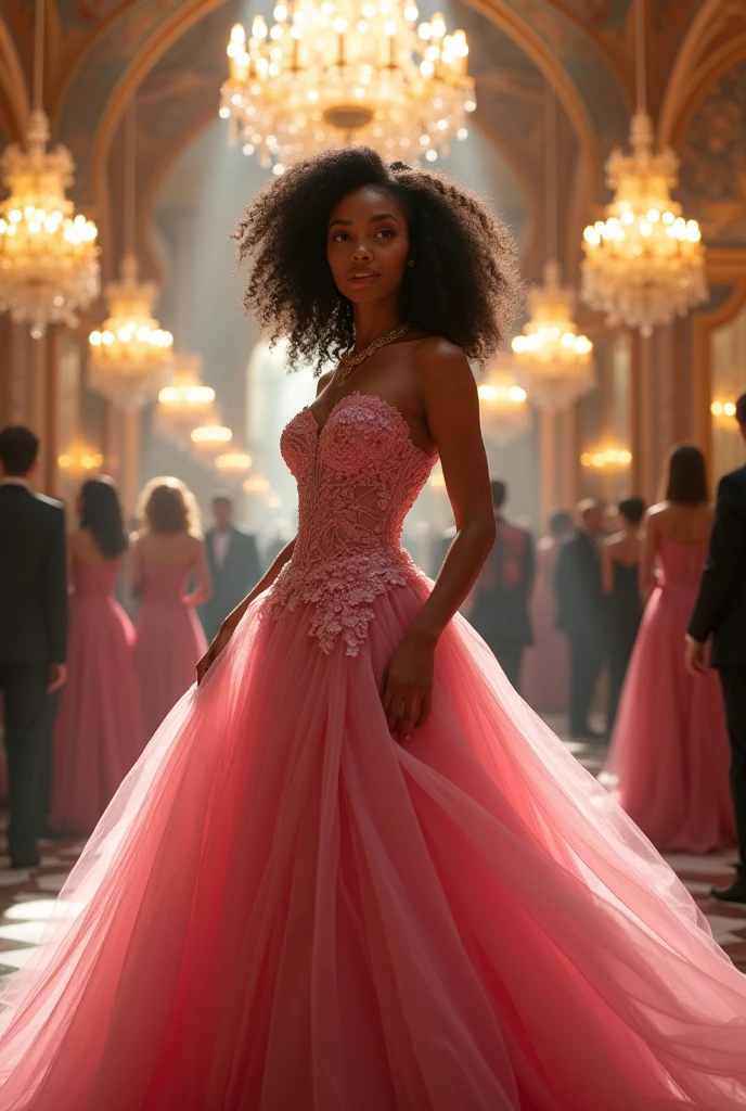 A princess in a pink dress with black curly hair