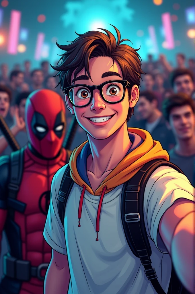 Draw a young man in comic style (Peter Parker) wearing round glasses, a white t-shirt and a sweatshirt tied around his neck, posing for a selfie in a low-light environment. Behind this person, someone dressed as Deadpool is posing in the picture., the comic book character. The scene appears to be at a crowded event., like a convention or a party, since there are several people in the background.