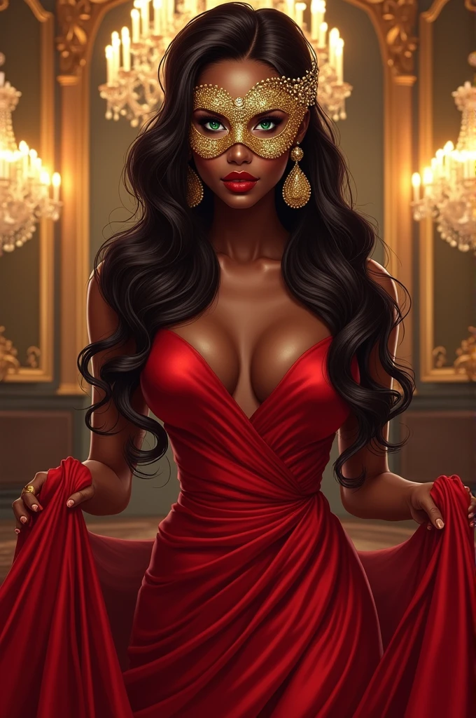 Illustration of a black woman, long, wavy, dark brown hair pulled back in a hairstyle with golden adornments, she has green eyes, and she's wearing a long red gala gown and a golden mask over her eyes