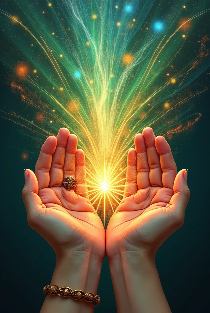 drawing of hands with a bright mandala coming out rays of light
