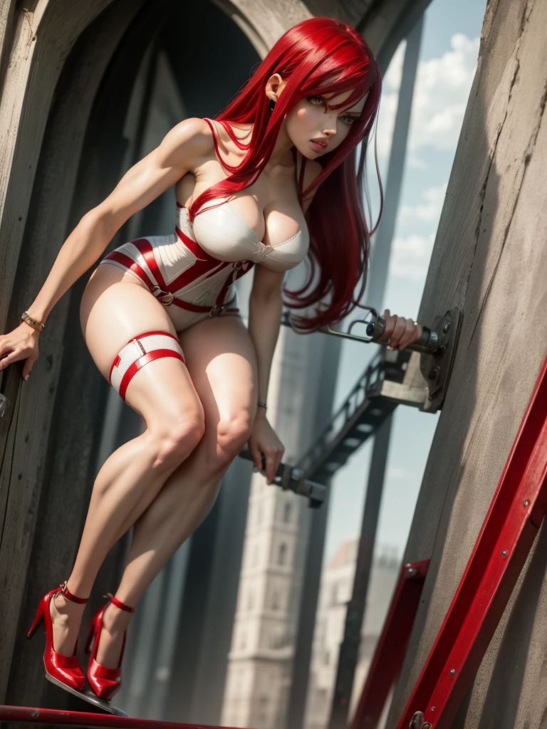 Ultrasexy, full body, ultrarealistic, ((Erza Scarlet)) wearing 2B outfit, climbing a ladder, view form below,
