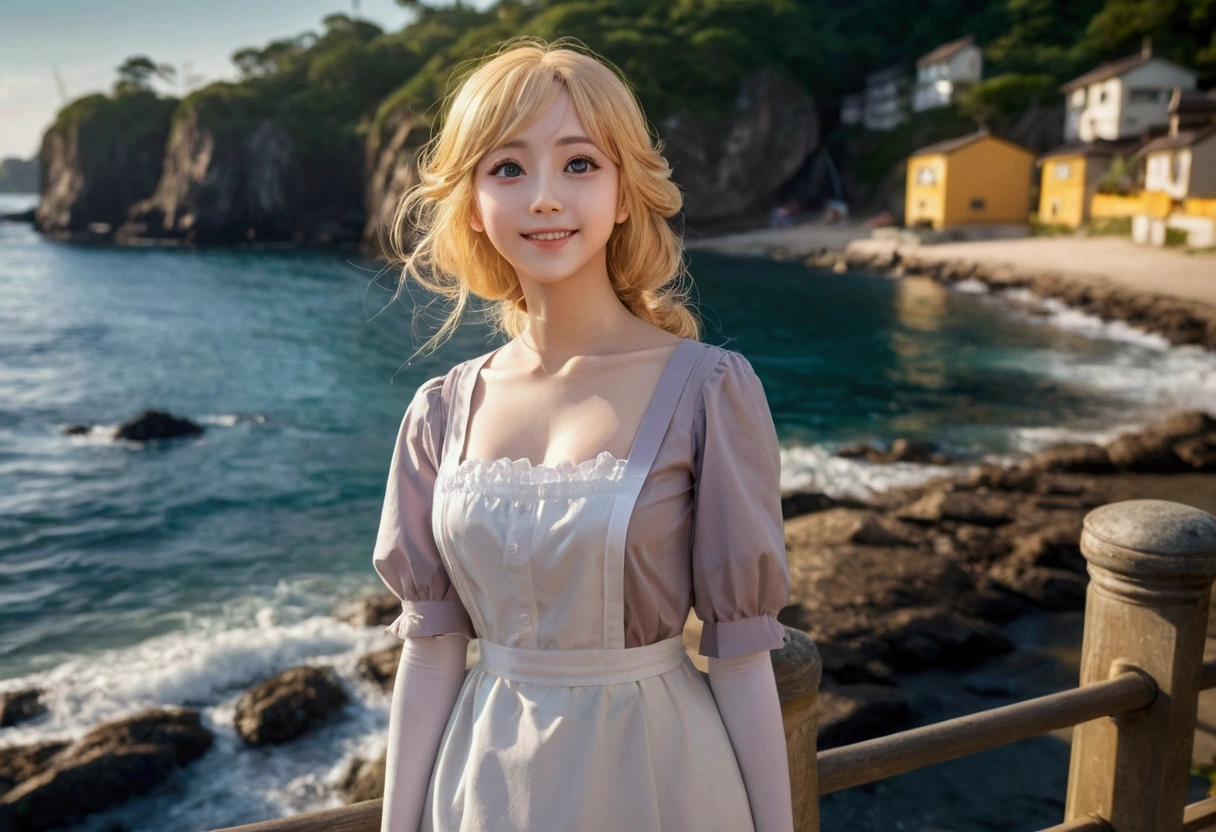 woman, big eyes, small breasts, and slender, 8K, top quality, (very detailed head: 1.0), (very detailed face: 1.0), (very detailed hair: 1.0), maid clothes, very detailed official artwork, anime moe art style, clean detailed anime art, smile, golden hair, smooth long hair
