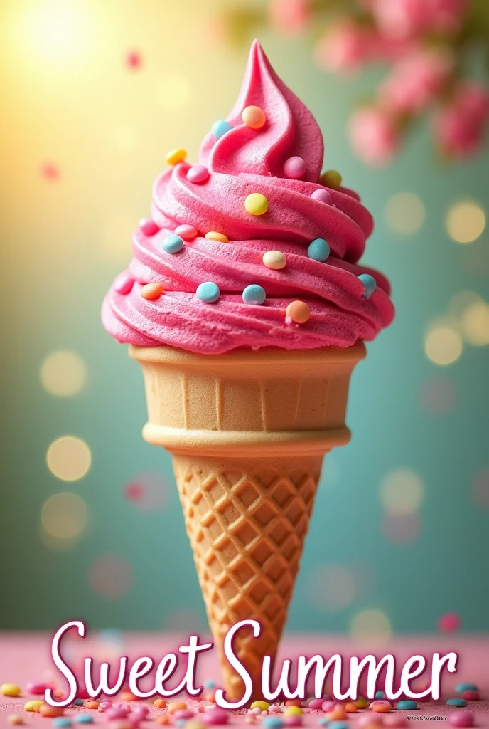 Create an image of an ice cream with a scoop of red berries with pastel pink and colored chips on top in a cone with the name Sweet Summer