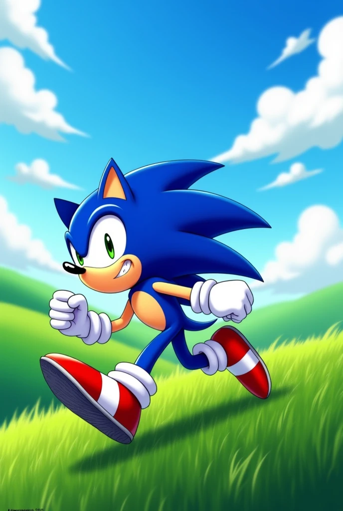 Sonic is a blue hedgehog with long, pointed spines that extend backwards. He has big, green eyes, and wears white gloves and red shoes with a white stripe. His body is slender and athletic, and he always displays a confident and dynamic posture.