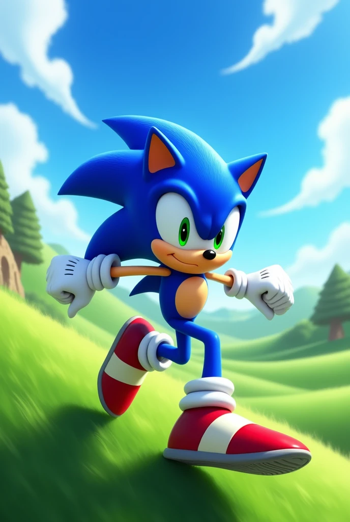 Sonic is a blue hedgehog with long, pointed spines that extend backwards. He has big, green eyes, and wears white gloves and red shoes with a white stripe. His body is slender and athletic, and he always displays a confident and dynamic posture.