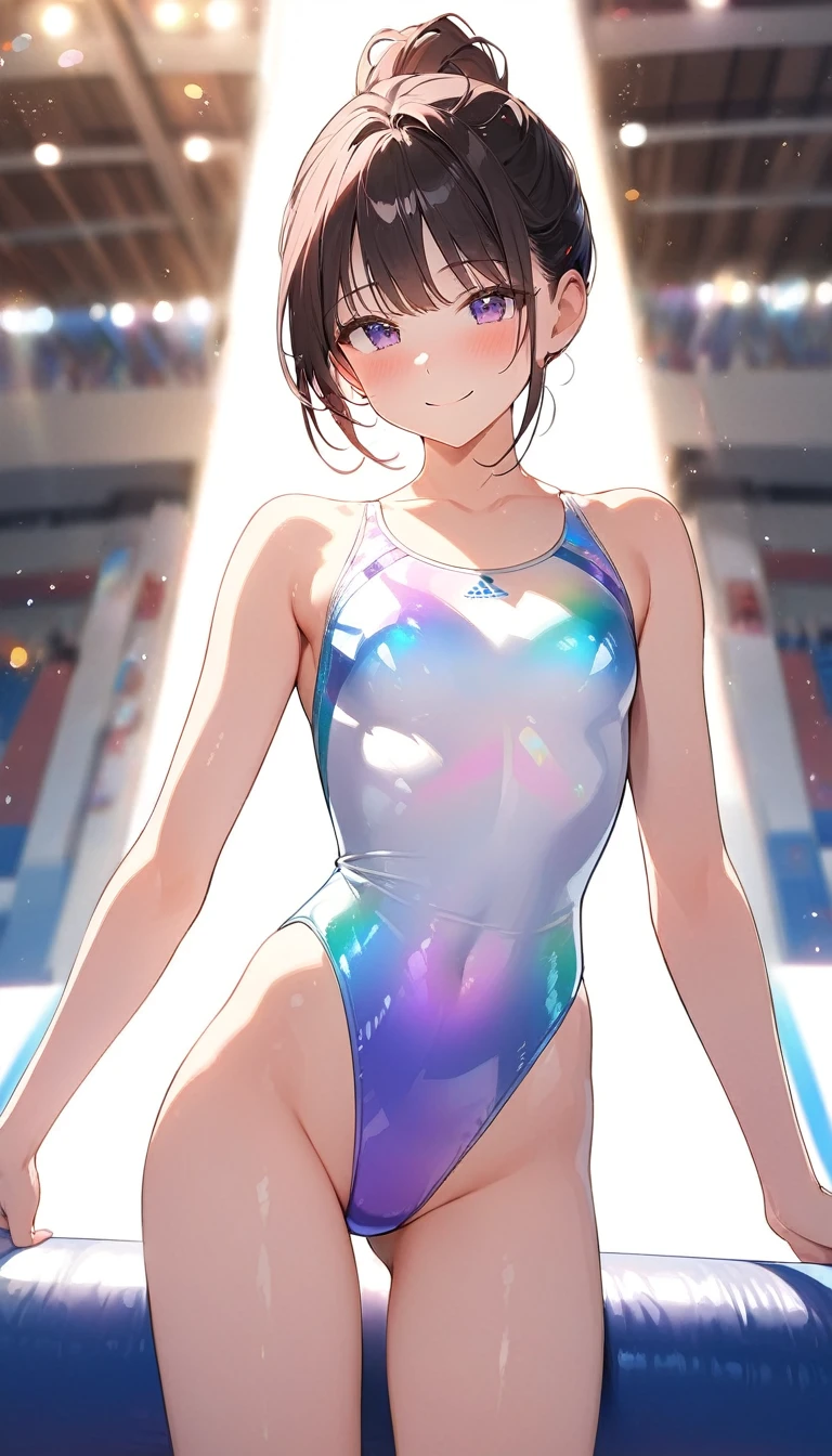 highquality illustration, masterpiece, very delicate and beautiful, attractive girl,(gymnastics leotard,long sleeve leotard with glittery decoration,high_leg leotard,athletic leotard,tight-fit leotard,iridescent gradient leotard,long sleeve leotard),thin,slender body,slim,high school,gymnasium background,gymnastics club,gymnastics athlete,princess, beautiful eyes,light smile,(masterpiece, best quality:1.2), highres, extremely detailed CG unity 8k wallpaper, perfect lighting, Colourful, ultra-high res,4K,ultra-detailed, photography, 8K, HDR, ,cowboy shot,