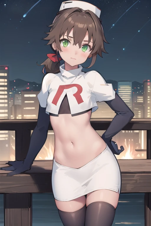 best quality, (masterpiece:1.2), illustration, absurdres,
(1girl), (solo), (beautiful detailed girl),
Towa Herschel, brown hair, ponytail, hair ribbon, green eyes, , small, short, flat chest, small breasts,
white hat, headwear,
team rocket,team rocket uniform,white skirt,red letter R,crop top,black thigh-highs,black elbow gloves,
looking at viewer, 
night, on balcony, city lights, starry sky, overlooking city,