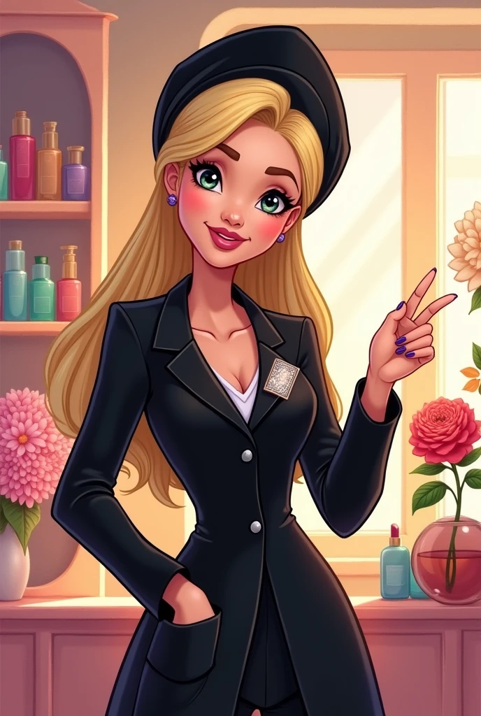 Make a beauty professional with a black lab coat, rectangular brooch, black turban, Round face, chubby, mature woman, long straight blonde hair, Disney style drawing, with right hand pointing to the side