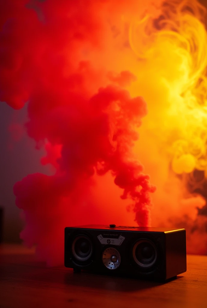 Red and yellow smoke background, with small speakers at the bottom of the image