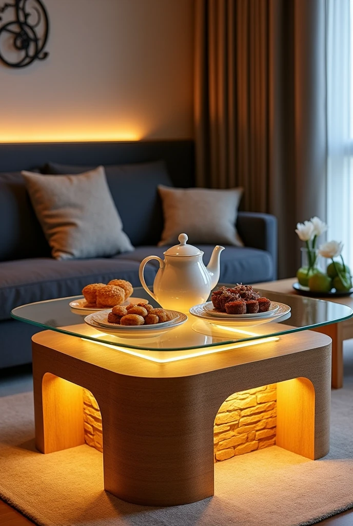 A square hospitality table, handcrafted to be a stylish centerpiece in the guest lounge.. The table top is made of clear glass, adding a touch of sophistication and simply showcasing what is placed on it.. The sides are made of MDF wood clad with textured wallpaper that resembles brick, giving the table a modern and economical feel..

Equipped with soft interior lighting using a warm LED strip, it spreads a soft and beautiful glow throughout the room.. The table is adorned with a stylish teapot and some light breakfast treats, enhancing the hospitality atmosphere and adding a warm and welcoming touch.