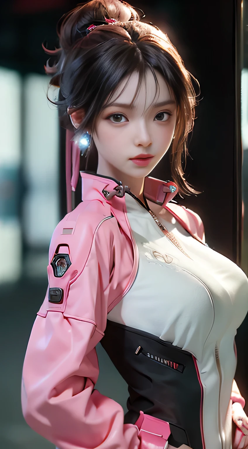 (best qualtiy), ((masterpiece)), (the detail:1.4), 3D, A beautiful cyberpunk female image,HDR(HighDynamicRange),Ray tracing, Pink suit、PBR Texture、post-processing、Anisotropy Filtering、depth of fields、maximum definition and sharpness、Many-Layer Textures、Surface Coloring、Accurate simulation of light-material interactions、perfectly proportions、Octane Render、Two-colored light、large aperture、Low ISO、White balance、the rule of thirds、8K RAW、