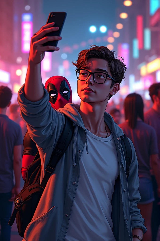 Draw a handsome young man in comic style (Peter Parker) wearing glasses, a white t-shirt and a sweatshirt tied around his neck, posing for a selfie in a low-light environment. Behind this person, someone dressed as Deadpool is posing in the picture., the comic book character. The scene appears to be at a crowded event., like a convention or a party, since there are several people in the background.