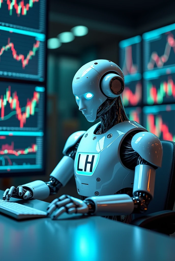 robo futurista, with blue eyes, sitting at the table in front of the computer, with the letters LH on his chest, around him several monitors with stock market charts. robo. sitting front.