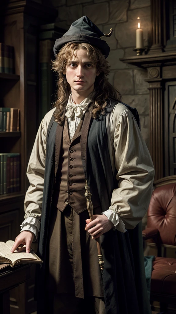 Make an image of Isaac Newton with a wizard's hat and a wand in his hand as he was in the movie Harry Potter and the Philosopher's Stone