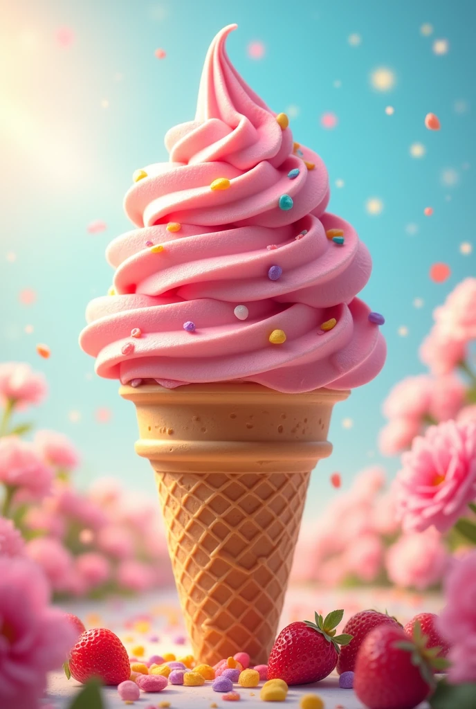 Create an image of an ice cream cone with a round scoop of pink pastel red fruit ice cream and colorful chips on top, named Sweet Summer.