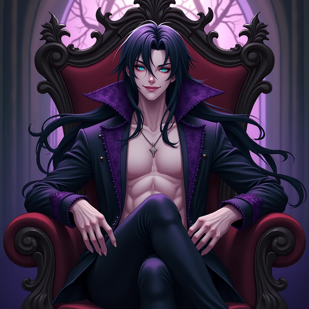 A sexy young male, black, long hair, teal blue eyes. Gothic clothes. (Male) (no facial or body hair)) masterpiece, best quality, ultra-detailed, best shadow), (detailed background) (purple and black) pretty handsome. Sexy Cute. No facial hair. No body hair. Wink. Seductive. Sexy. Pale and white skin. Smirking. Anime style. Blood. Vampire. Sexy. Death note style. Pink lips. SENSUAL. Purple and black gothic frilly clothes. Long lashes. Sexy pose. Crossing legs. Love. Shiny. Vampire Prince. Sitting on his throne and crossing legs sexily. Bottom angle. Seductive. Male. Bottom angle. Shiny. Long boots.