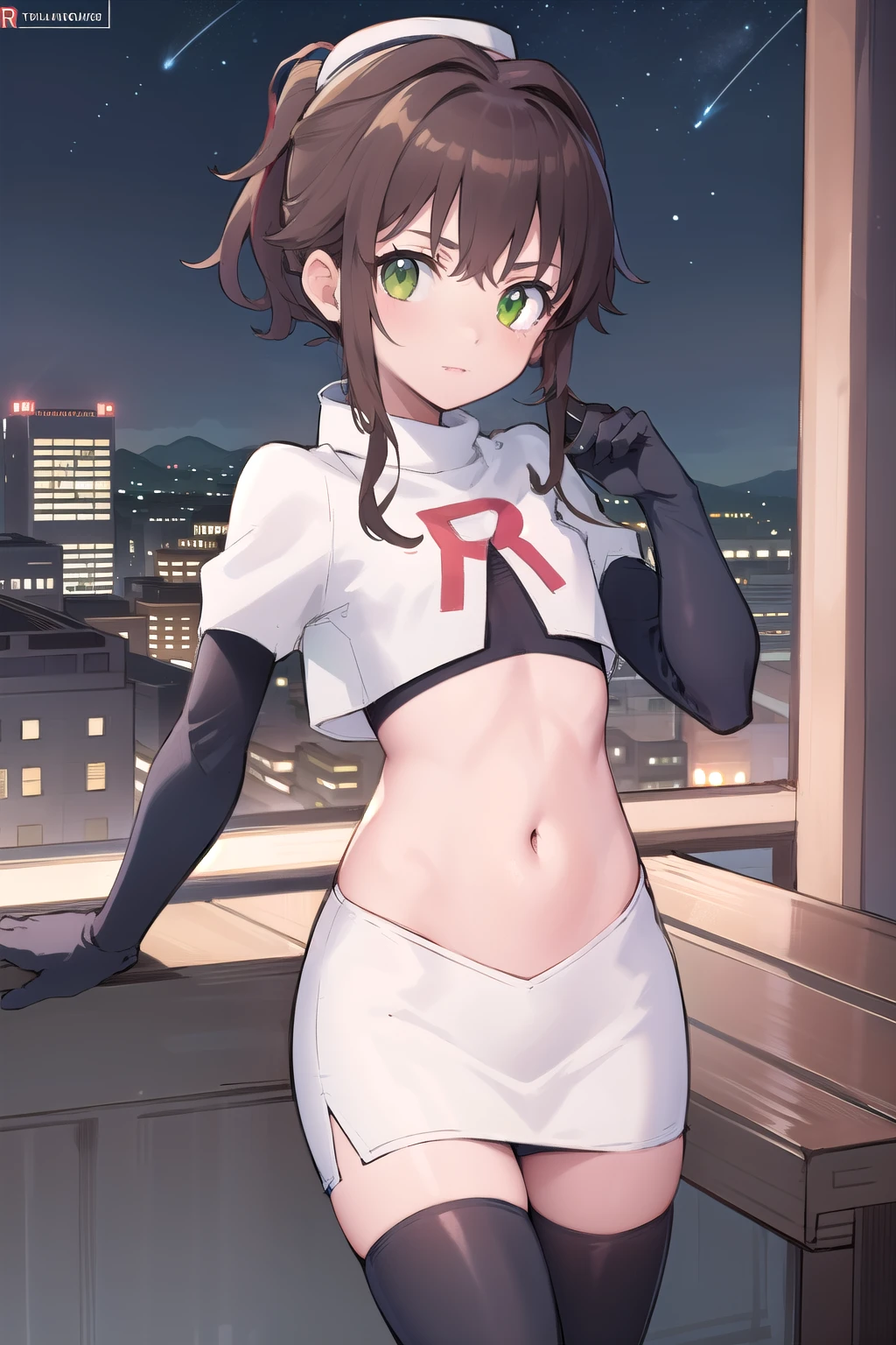 best quality, (masterpiece:1.2), illustration, absurdres,
(1girl), (solo), (beautiful detailed girl),
Towa Herschel, brown hair, ponytail, hair ribbon, green eyes, , small, short, flat chest, small breasts,
white hat, headwear,
team rocket,team rocket uniform,white skirt,red letter R,crop top,black thigh-highs,black elbow gloves,
looking at viewer, 
night, on balcony, city lights, starry sky, overlooking city,