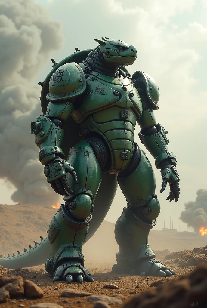 Kamemon has the appearance of a mechanized metal turtle with reptilian features, designed for war and tactical defense. Its body is a mix of heavy armor and specialized weaponry, making it a formidable force on the battlefield. With no human characteristics, it seems like a Digimon created for long-term combat, utilizing its tactical analysis and ability to fire projectiles from its armored body.
