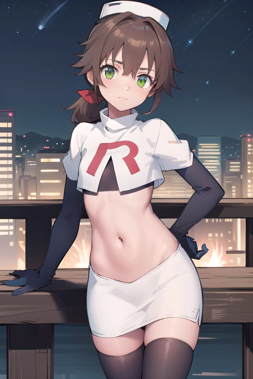 best quality, (masterpiece:1.2), illustration, absurdres,
(1girl), (solo), (beautiful detailed girl),
Towa Herschel, brown hair, ponytail, hair ribbon, green eyes, , small, short, flat chest, small breasts,
white hat, headwear,
team rocket,team rocket uniform,white skirt,red letter R,crop top,black thigh-highs,black elbow gloves,
looking at viewer, 
night, on balcony, city lights, starry sky, overlooking city,