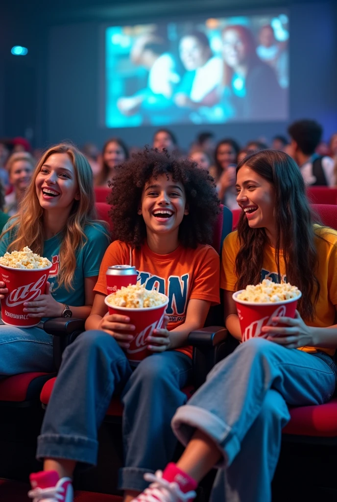 age girl with friends wearing skater clothes in a realistic movie theater