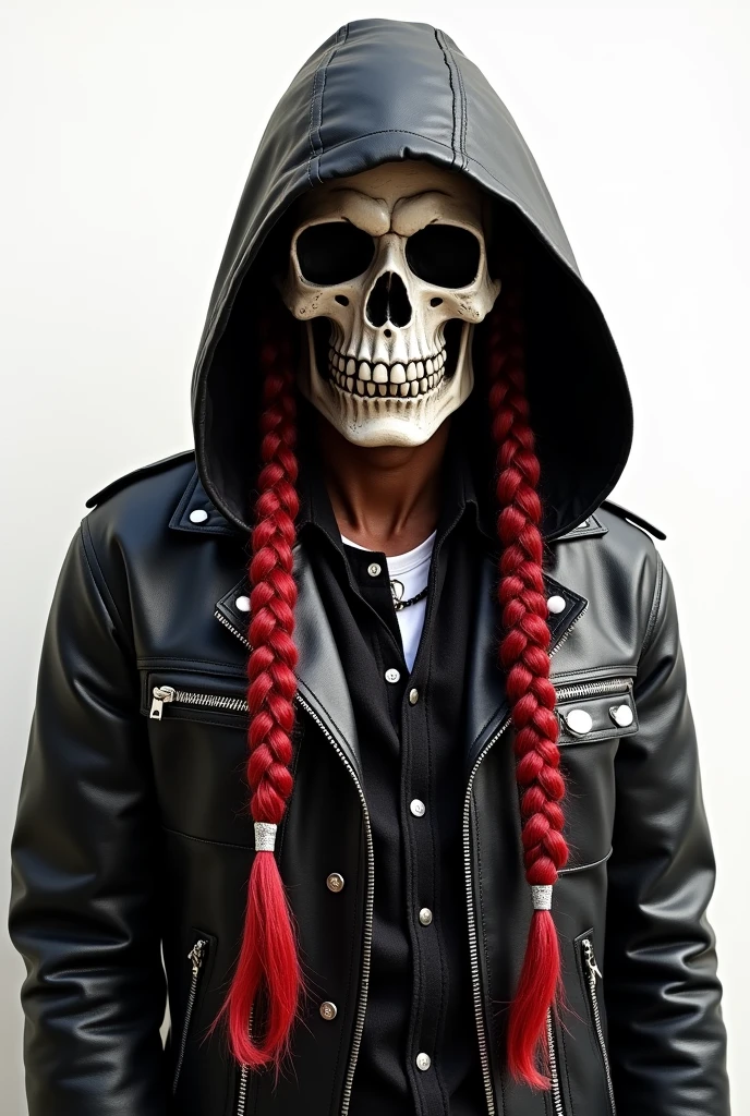 skull face with braids, black jacket with hood, leather vest, black cord, white image background.