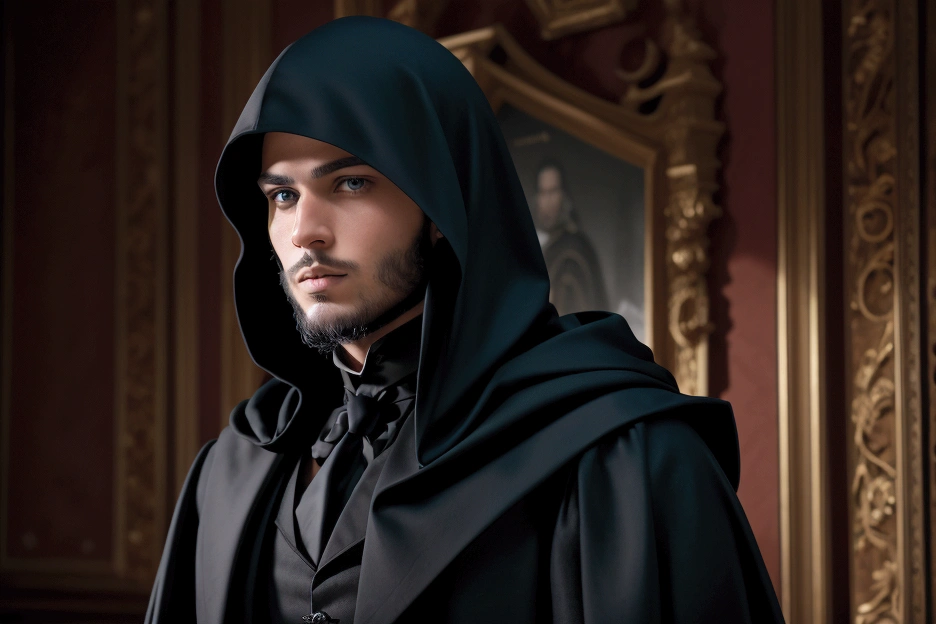 a young handsome european man black hair short beard blue eyes wearing a black noble cloth with hood cover his head with black gloves with a white rose brooch in the council meeting room at night with picture of a king on the wall, cinematic