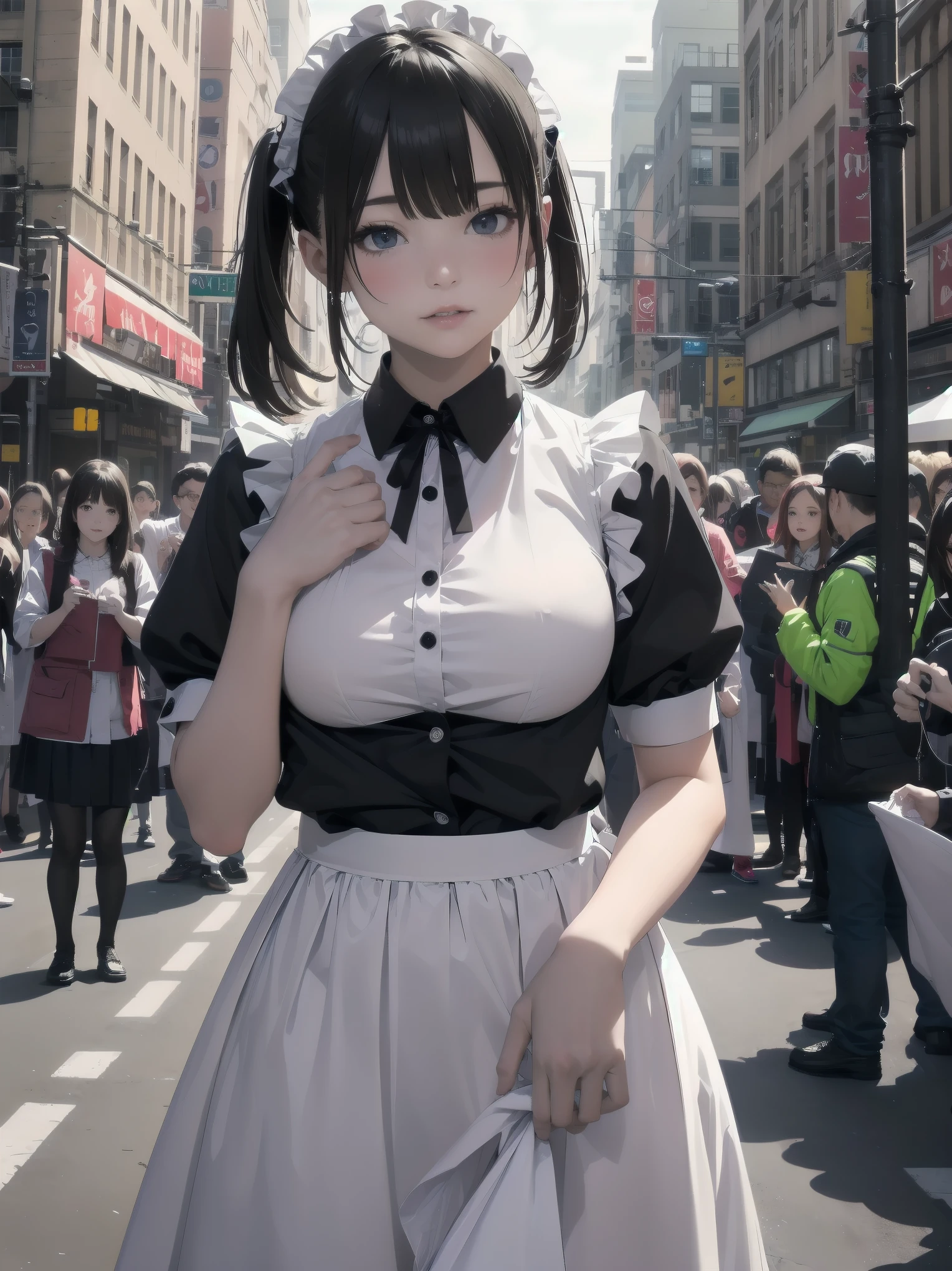 Highly detailed CG Unity 8k wallpaper, Top quality, Highly detailed, Masterpiece, Highly detailed pretty girl, 8 years old, (((lifting skirt by herself))), (lifting skirt by herself)), dynamic angles, sexy pose, blush, lips apart, looking at audience, half body shot, (crowd), (crowded big city)), hair over one eye, immaculate beauty, less revealing maid outfit, classical maid fashion