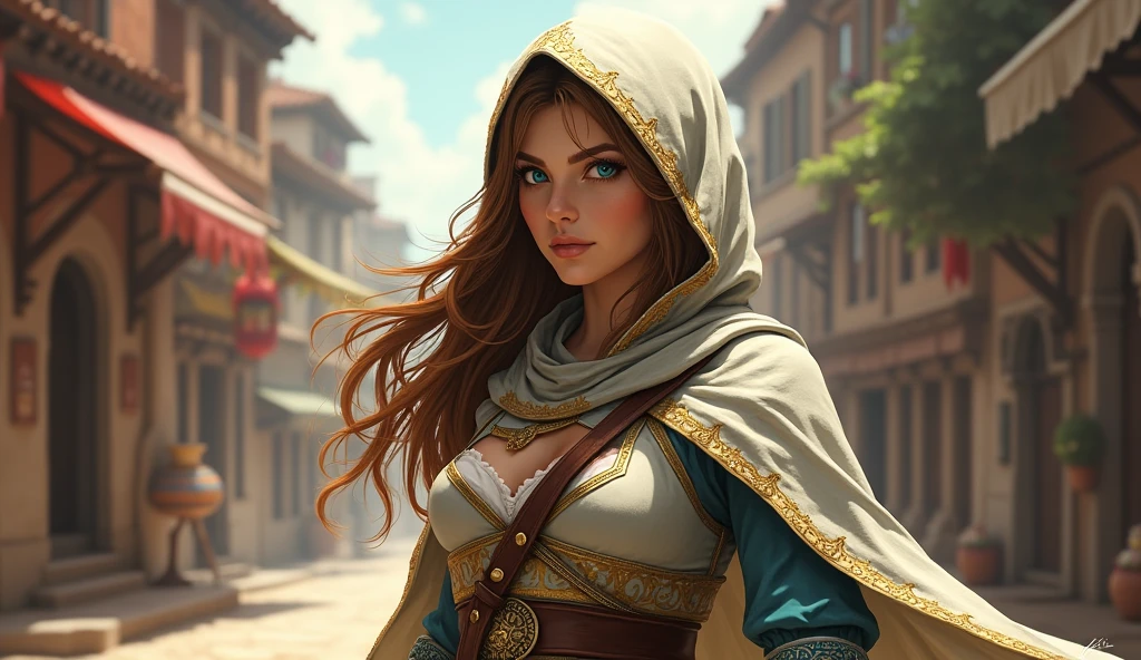 A full body photo of Princess Zelda., Brown hair, blue eyes, dressed as an assassin from Assassins Creed, in white+gold with white mask and hood with gold details, XL Bust, wearing a wristband. bottom: A city during the Renaissance period. unreal engine 5, cheered up, cheered up style, masterpiece, well drawn eyes, well drawn face, well detailed eyes, Well detailed face, 8k, light and shadow effect.  