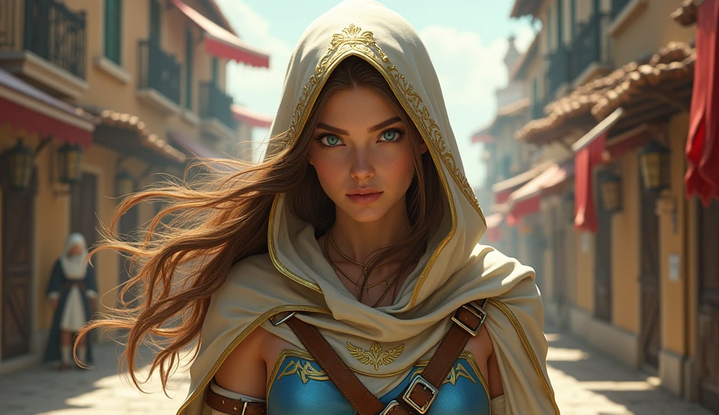 A full body photo of Princess Zelda., Brown hair, blue eyes, dressed as an assassin from Assassins Creed, in white+gold with white mask and hood with gold details, XL Bust, wearing a wristband. bottom: A city during the Renaissance period. unreal engine 5, cheered up, cheered up style, masterpiece, well drawn eyes, well drawn face, well detailed eyes, Well detailed face, 8k, light and shadow effect.